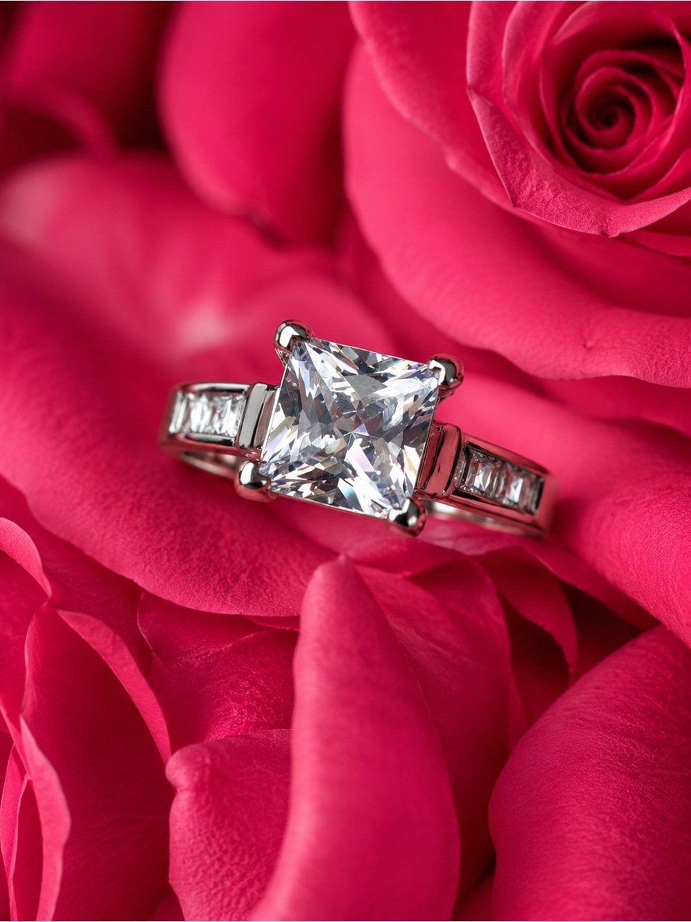 Princess-Cut Silver Engagement Ring with Clear Center Stone - Pink